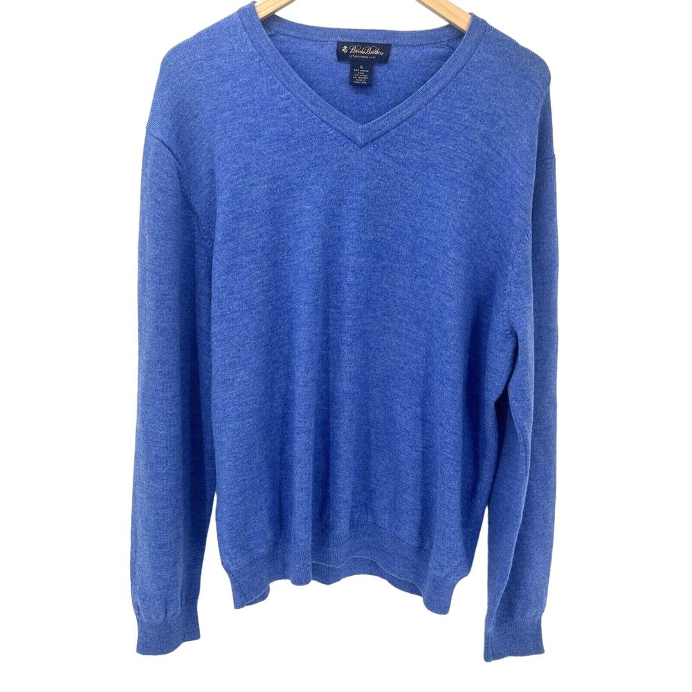 Brooks Brothers Sweater Mens XL Blue Merino Wool Blend V-Neck Vintage